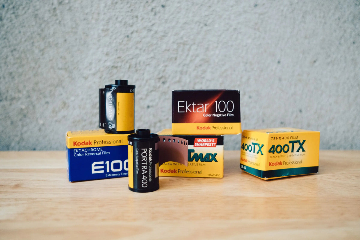 Kodak film stock on top of each other on a table
