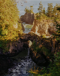 Kodak Portra image of an Oregon coast waterfall at golden hour